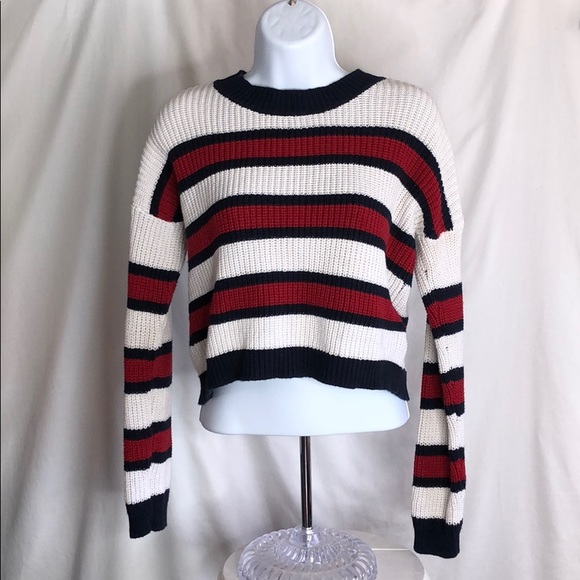 Say What? Sweaters - Say What? Striped crop knit sweater red white blue